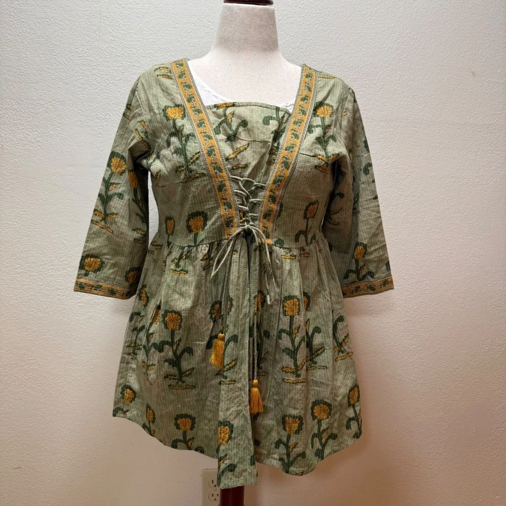 Nav Jeewan Babydoll Ethnic Boho Fusion Made India‎ Tunic Top Women Size Large 42